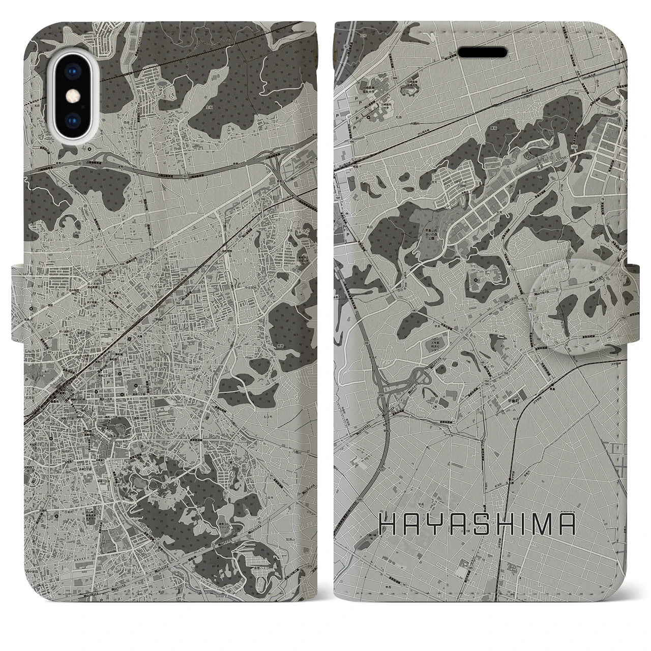 【早島(岡山県)】地図柄iPhoneケース(手帳タイプ)モノトーン・iPhone XS Max 用