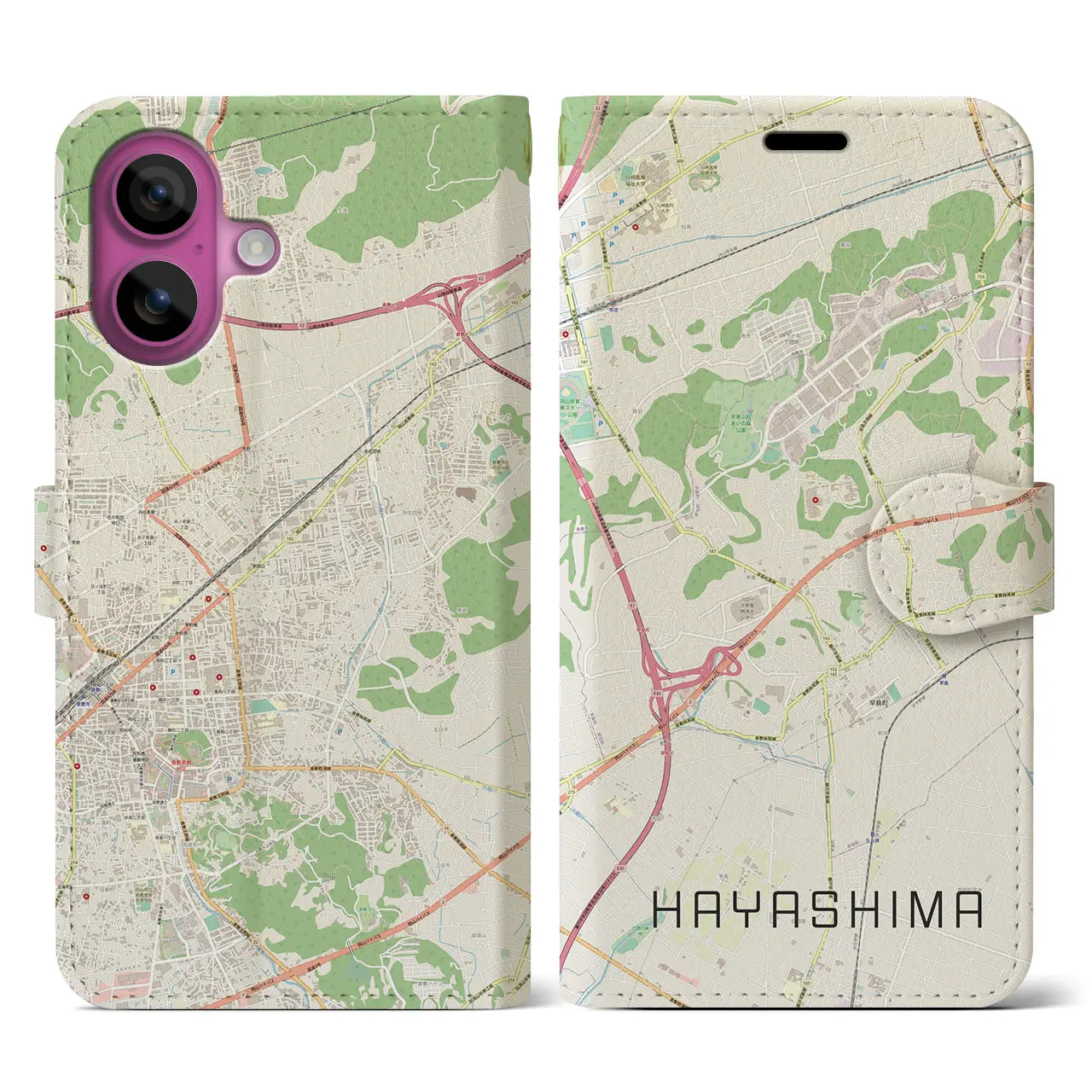 【早島(岡山県)】地図柄iPhoneケース(手帳タイプ)ナチュラル・iPhone 16 Pro 用