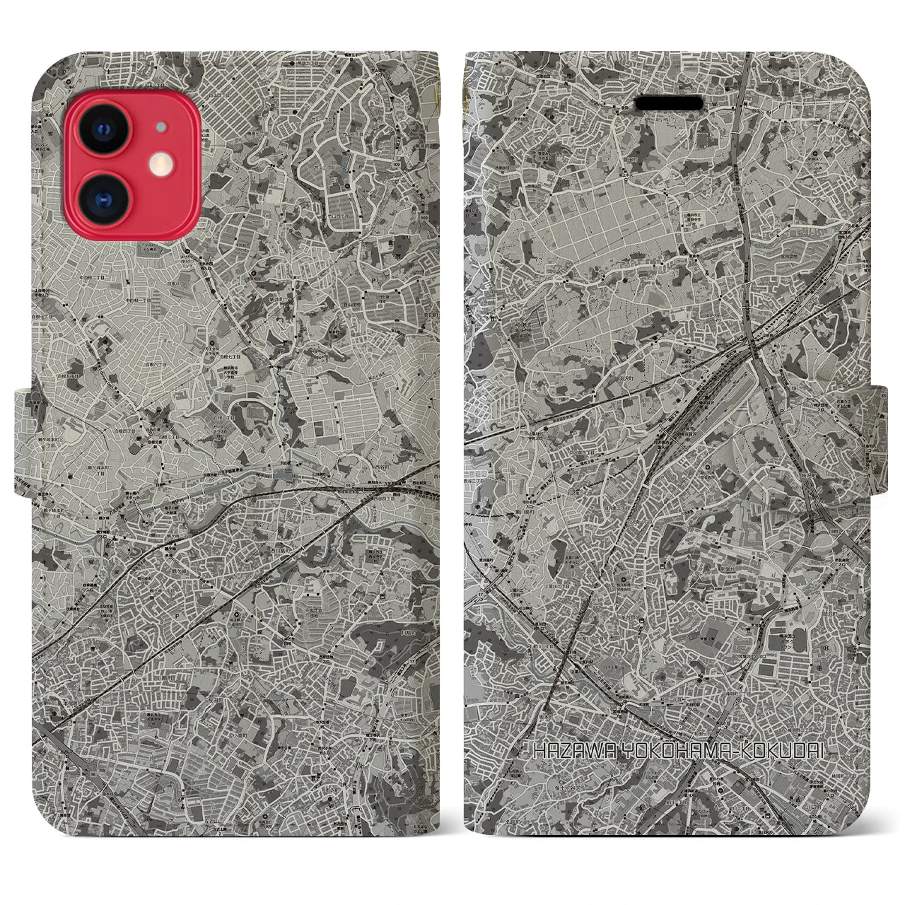 【羽沢横浜国大(神奈川県)】地図柄iPhoneケース(手帳タイプ)モノトーン・iPhone 11 用
