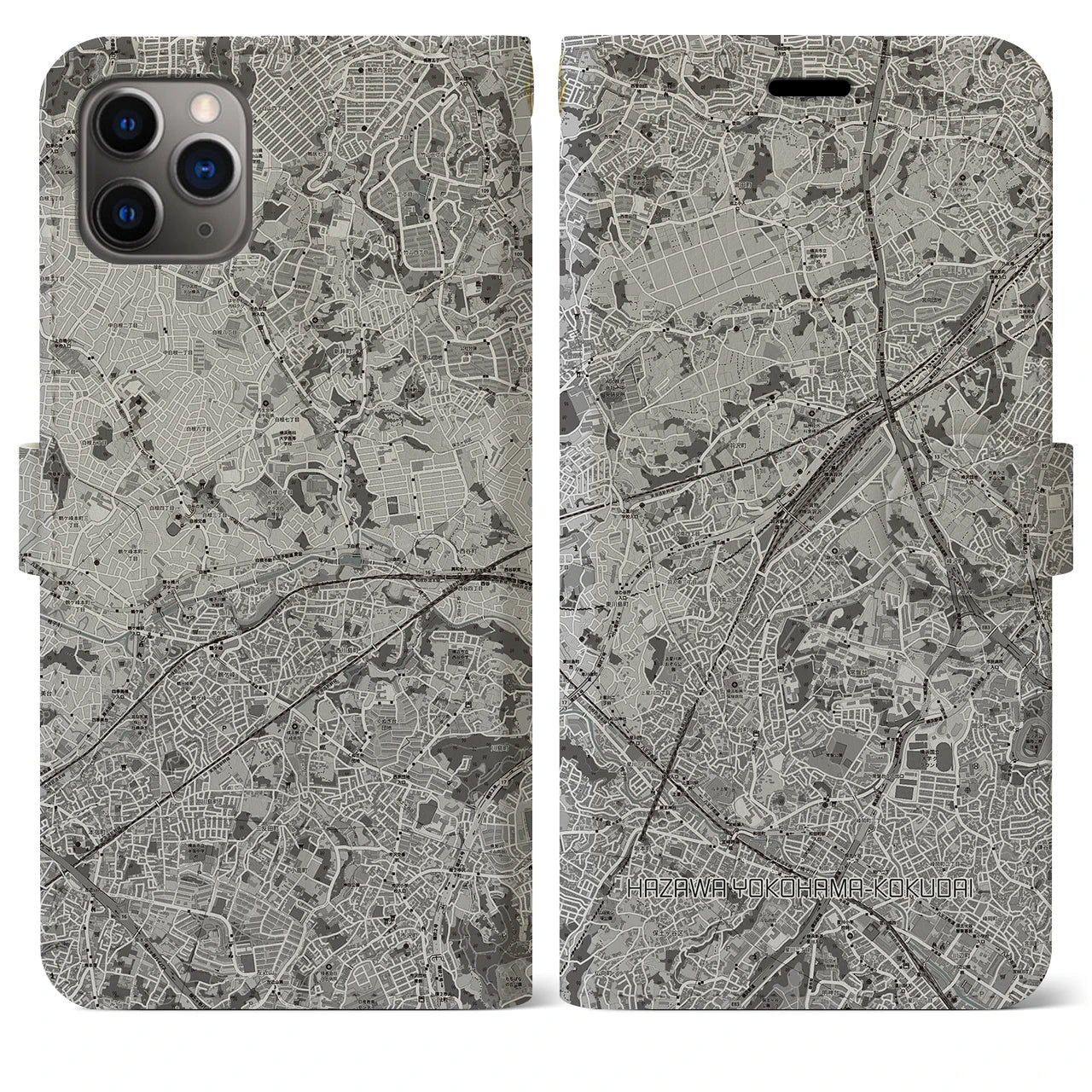 【羽沢横浜国大(神奈川県)】地図柄iPhoneケース(手帳タイプ)モノトーン・iPhone 11 Pro Max 用