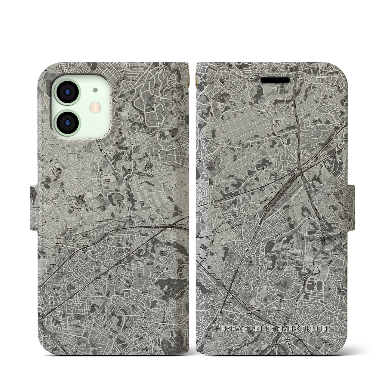 【羽沢横浜国大(神奈川県)】地図柄iPhoneケース(手帳タイプ)モノトーン・iPhone 12 mini 用