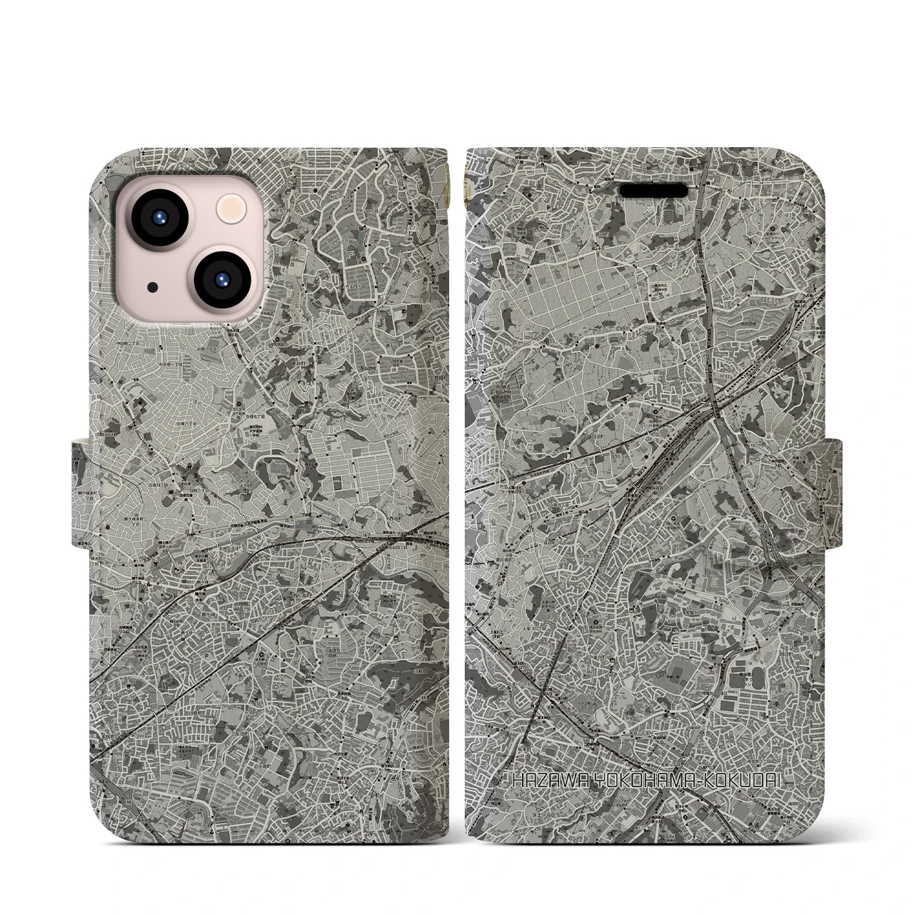 【羽沢横浜国大(神奈川県)】地図柄iPhoneケース(手帳タイプ)モノトーン・iPhone 13 mini 用