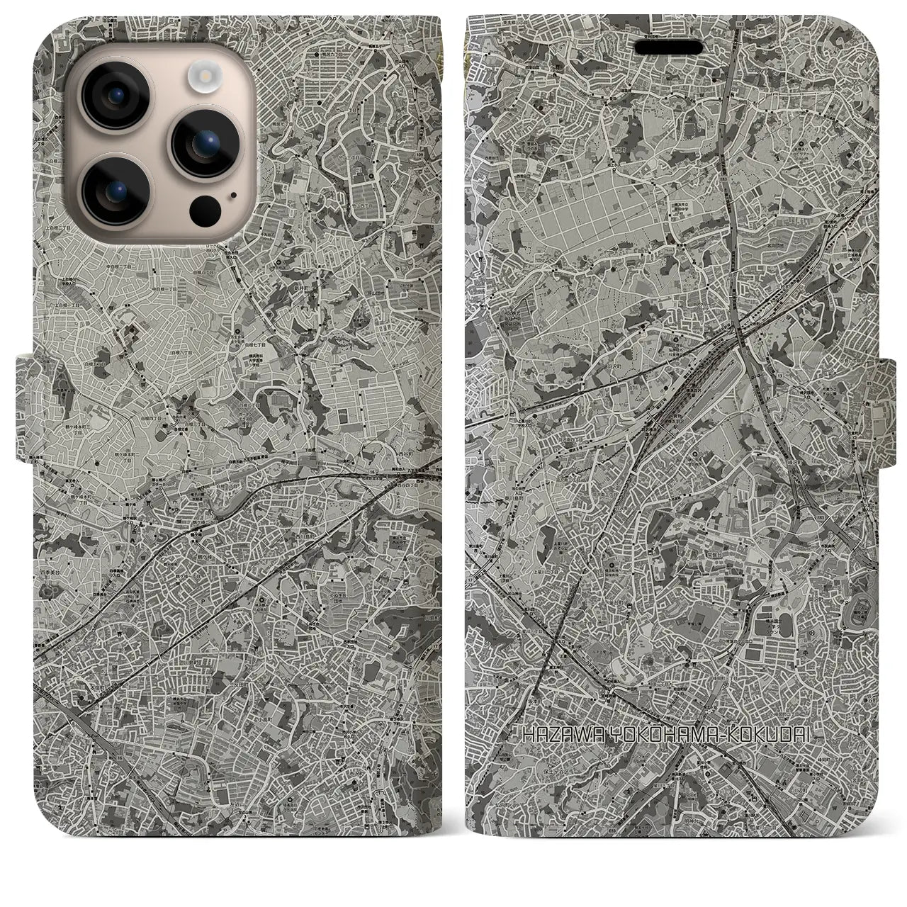 【羽沢横浜国大(神奈川県)】地図柄iPhoneケース(手帳タイプ)モノトーン・iPhone 16 Plus 用