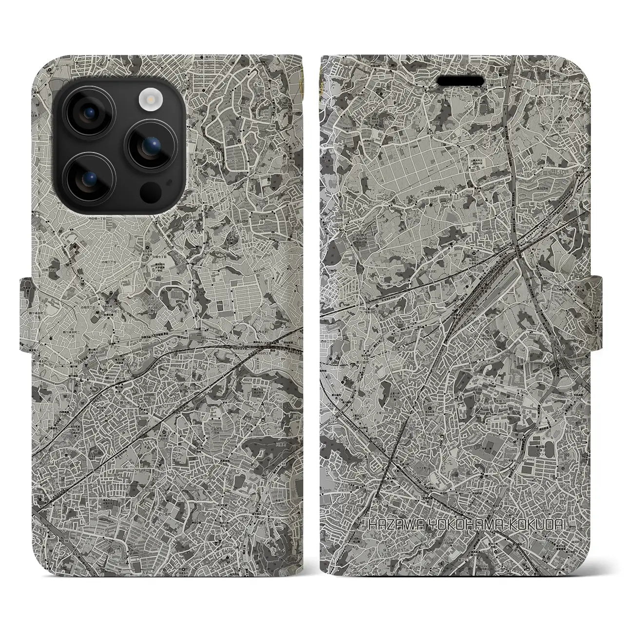 【羽沢横浜国大(神奈川県)】地図柄iPhoneケース(手帳タイプ)モノトーン・iPhone 16 用
