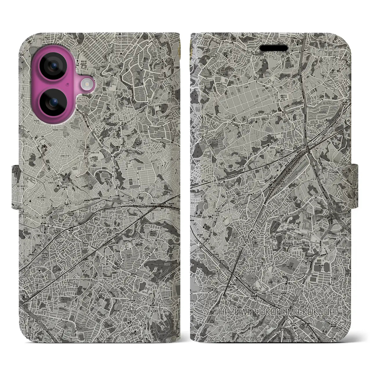 【羽沢横浜国大(神奈川県)】地図柄iPhoneケース(手帳タイプ)モノトーン・iPhone 16 Pro 用