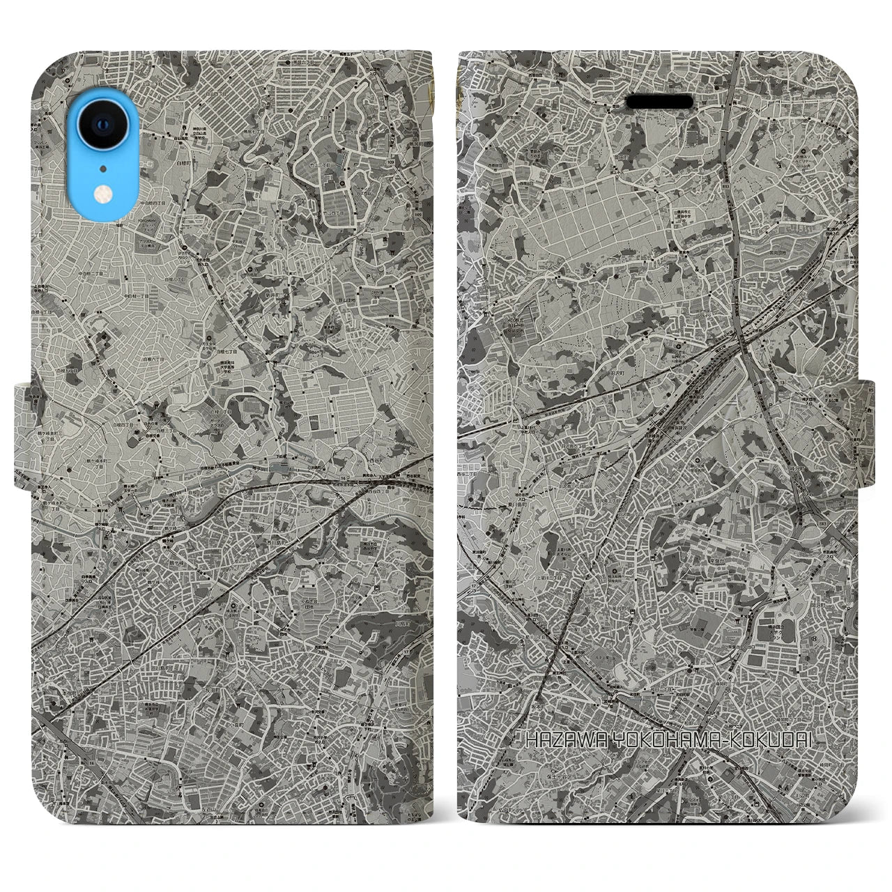【羽沢横浜国大(神奈川県)】地図柄iPhoneケース(手帳タイプ)モノトーン・iPhone XR 用