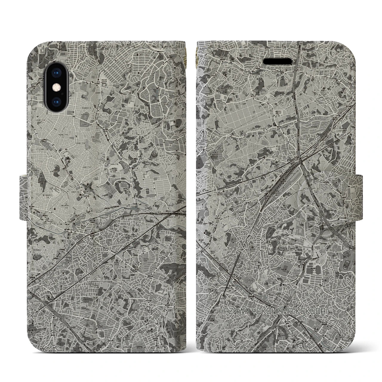 【羽沢横浜国大(神奈川県)】地図柄iPhoneケース(手帳タイプ)モノトーン・iPhone XS / X 用
