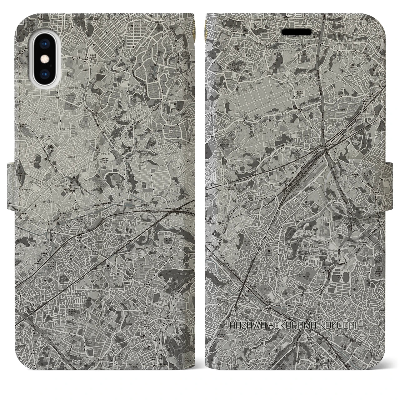 【羽沢横浜国大(神奈川県)】地図柄iPhoneケース(手帳タイプ)モノトーン・iPhone XS Max 用