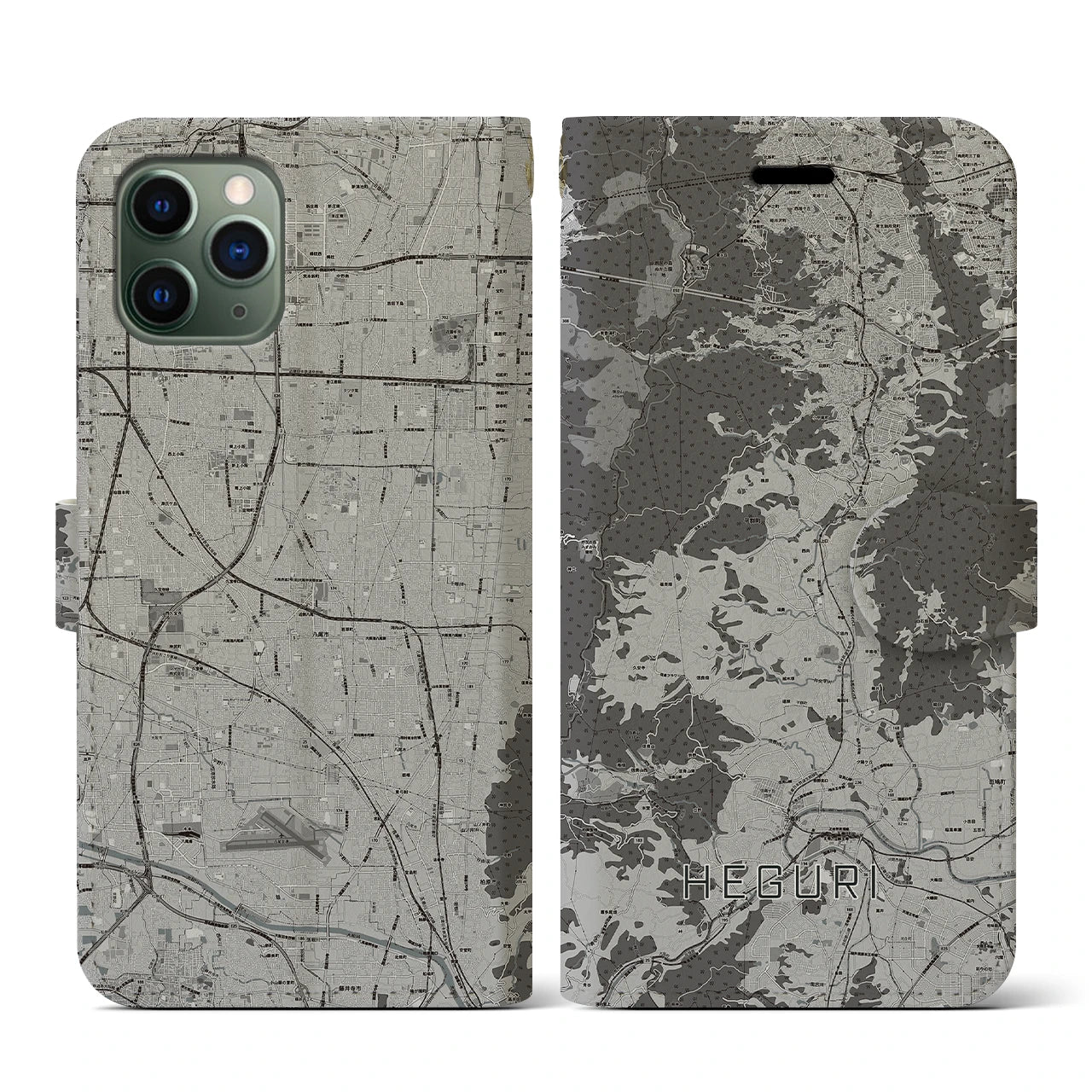 【平群(奈良県)】地図柄iPhoneケース(手帳タイプ)モノトーン・iPhone 11 Pro 用