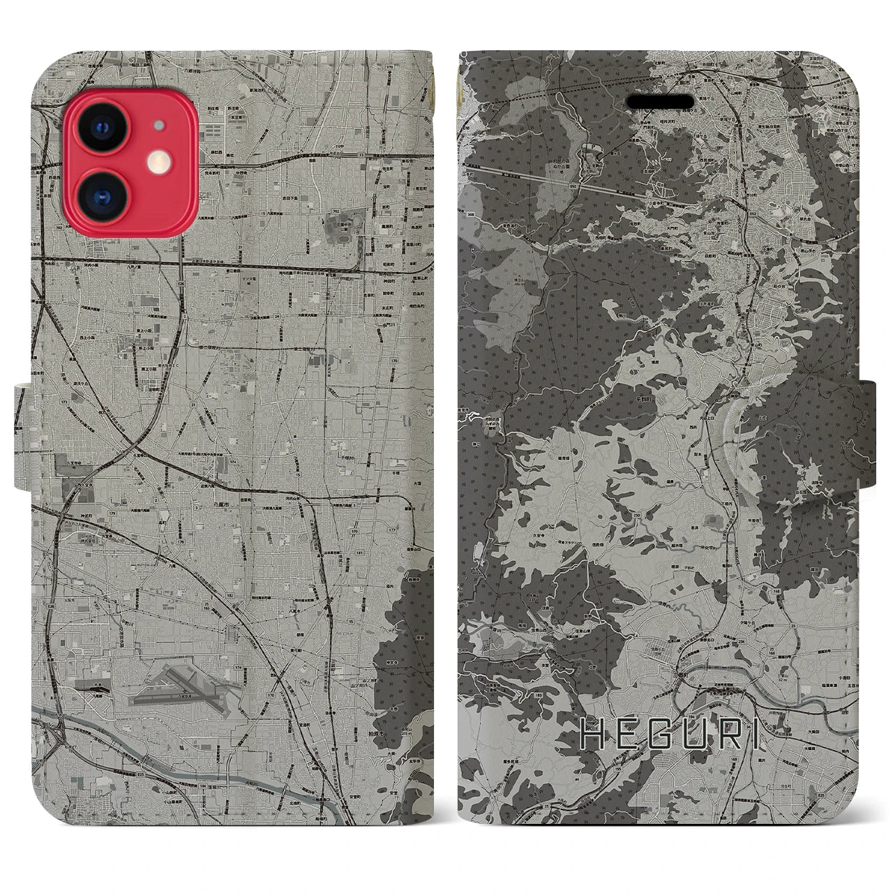 【平群(奈良県)】地図柄iPhoneケース(手帳タイプ)モノトーン・iPhone 11 用