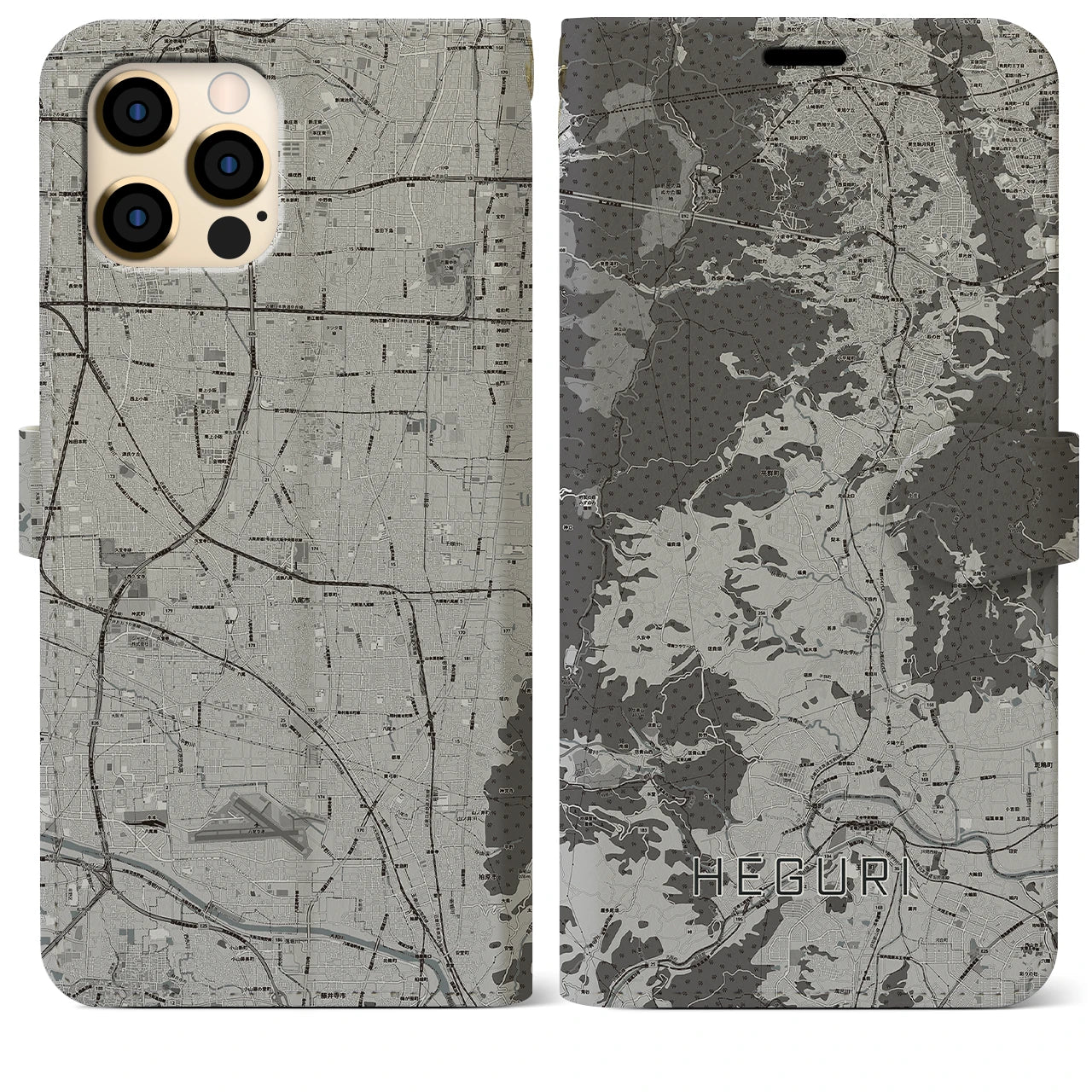 【平群(奈良県)】地図柄iPhoneケース(手帳タイプ)モノトーン・iPhone 12 Pro Max 用