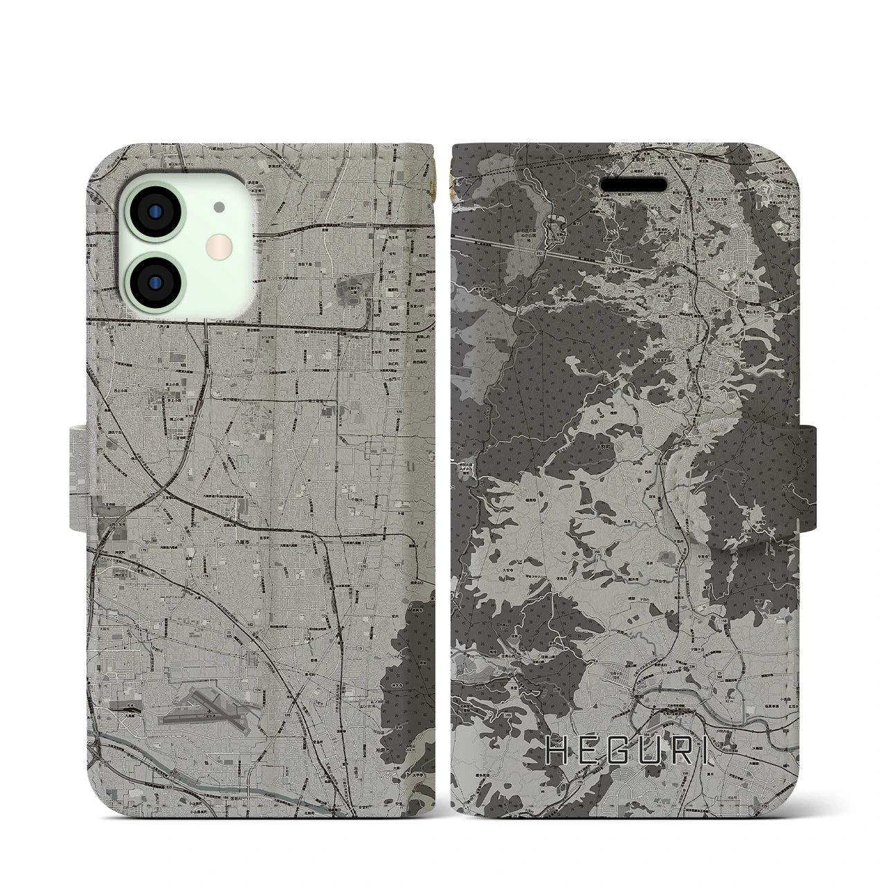 【平群(奈良県)】地図柄iPhoneケース(手帳タイプ)モノトーン・iPhone 12 mini 用