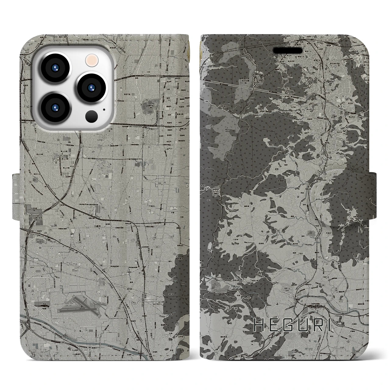 【平群(奈良県)】地図柄iPhoneケース(手帳タイプ)モノトーン・iPhone 13 Pro 用