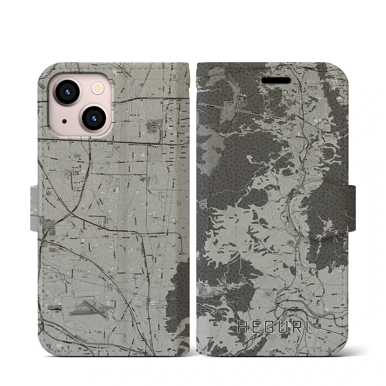 【平群(奈良県)】地図柄iPhoneケース(手帳タイプ)モノトーン・iPhone 13 mini 用