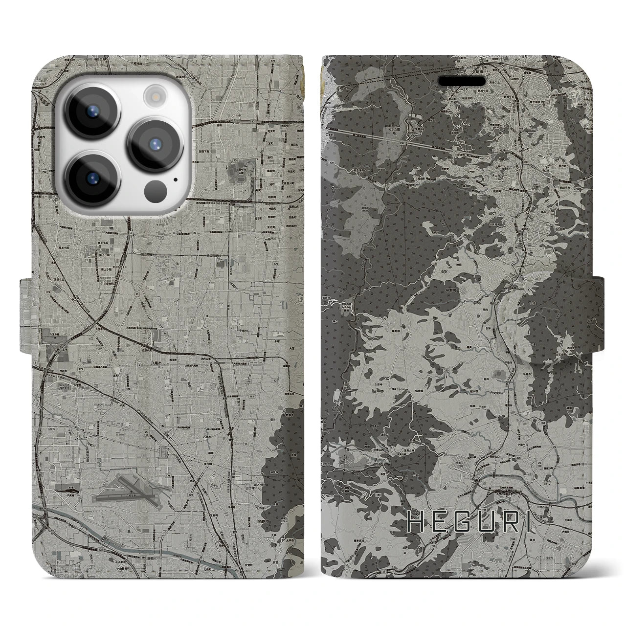 【平群(奈良県)】地図柄iPhoneケース(手帳タイプ)モノトーン・iPhone 14 Pro 用