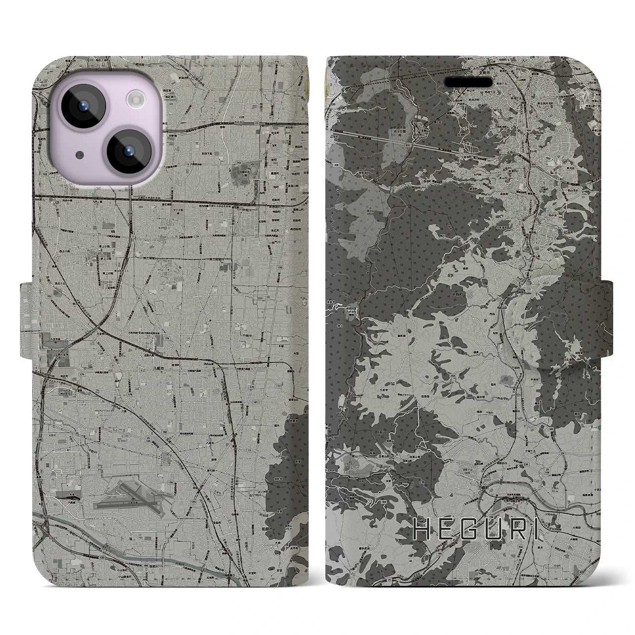 【平群(奈良県)】地図柄iPhoneケース(手帳タイプ)モノトーン・iPhone 14 用