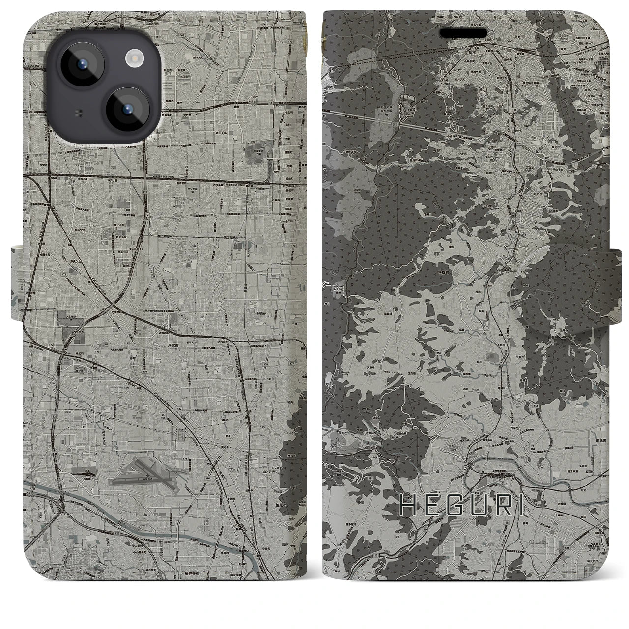 【平群(奈良県)】地図柄iPhoneケース(手帳タイプ)モノトーン・iPhone 14 Plus 用