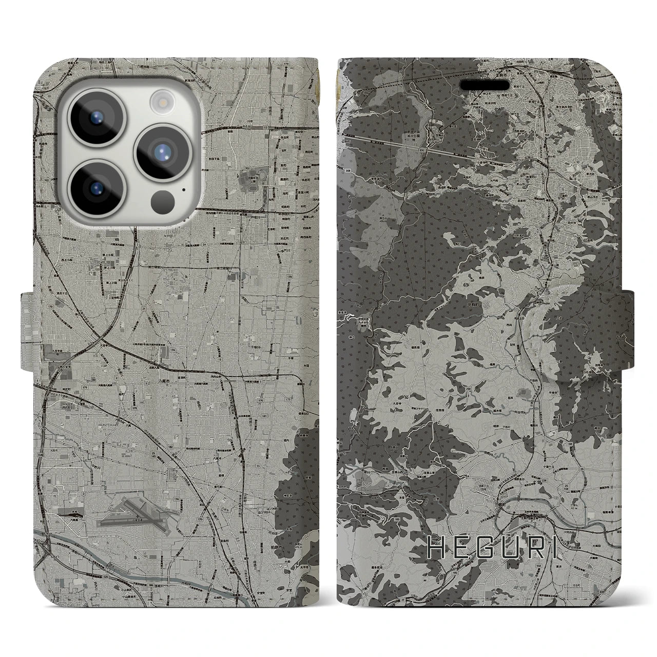 【平群(奈良県)】地図柄iPhoneケース(手帳タイプ)モノトーン・iPhone 15 Pro 用