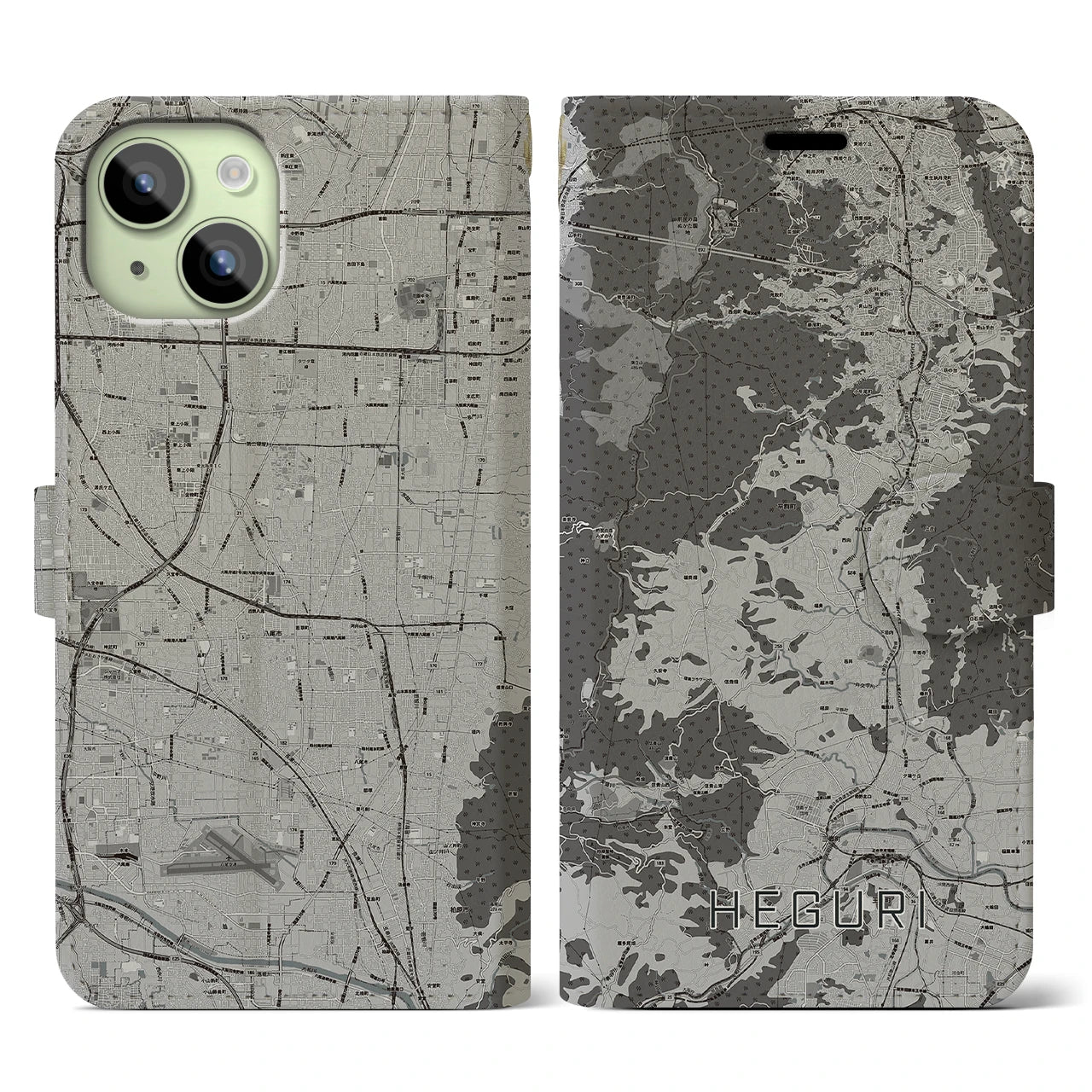 【平群(奈良県)】地図柄iPhoneケース(手帳タイプ)モノトーン・iPhone 15 用