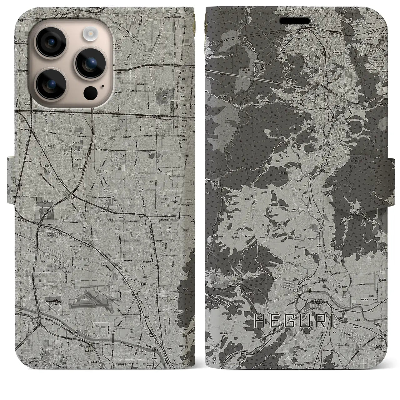 【平群(奈良県)】地図柄iPhoneケース(手帳タイプ)モノトーン・iPhone 16 Plus 用