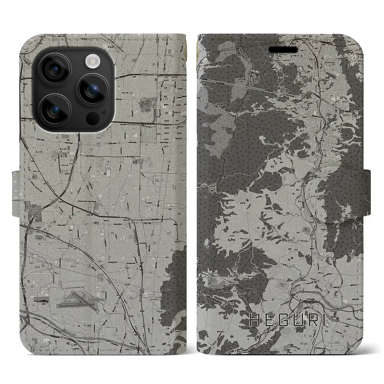 【平群(奈良県)】地図柄iPhoneケース(手帳タイプ)モノトーン・iPhone 16 用