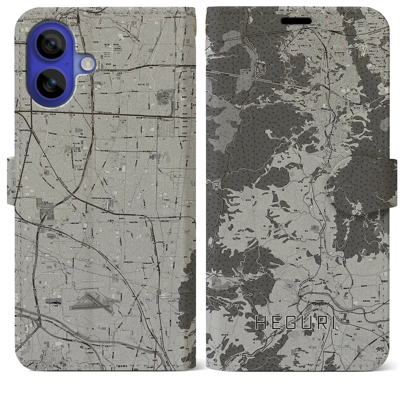 【平群(奈良県)】地図柄iPhoneケース(手帳タイプ)モノトーン・iPhone 16 Pro Max 用