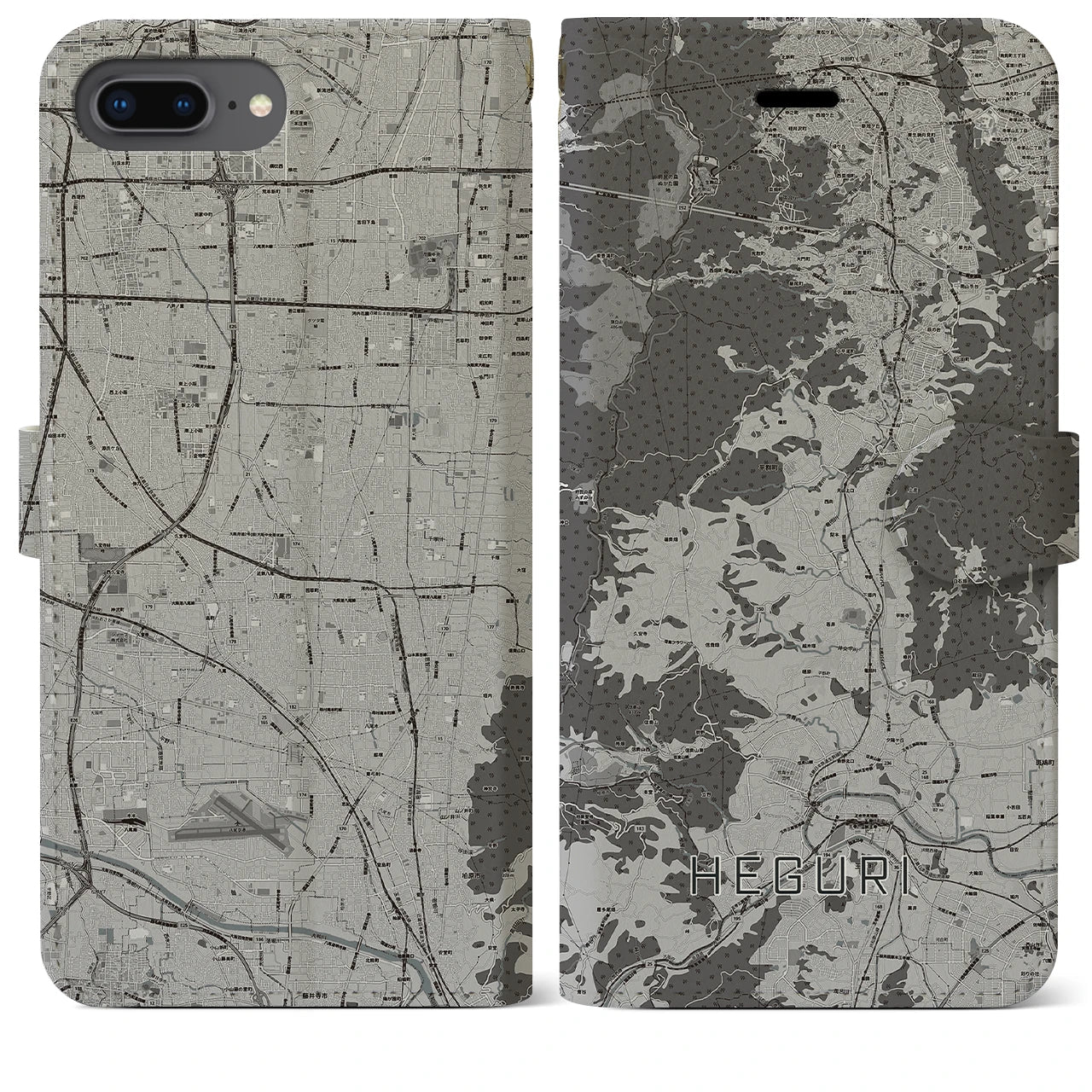 【平群(奈良県)】地図柄iPhoneケース(手帳タイプ)モノトーン・iPhone 8Plus /7Plus / 6sPlus / 6Plus 用