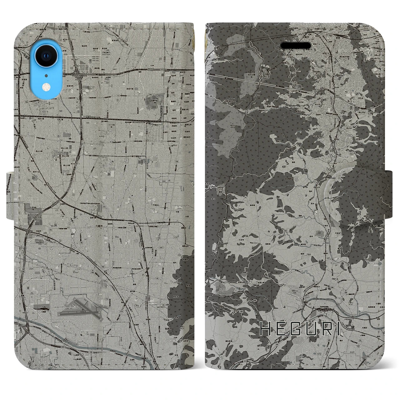 【平群(奈良県)】地図柄iPhoneケース(手帳タイプ)モノトーン・iPhone XR 用