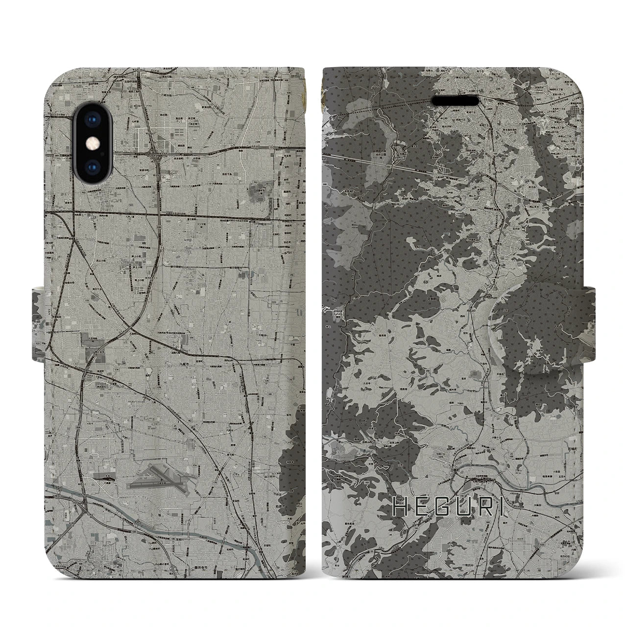 【平群(奈良県)】地図柄iPhoneケース(手帳タイプ)モノトーン・iPhone XS / X 用