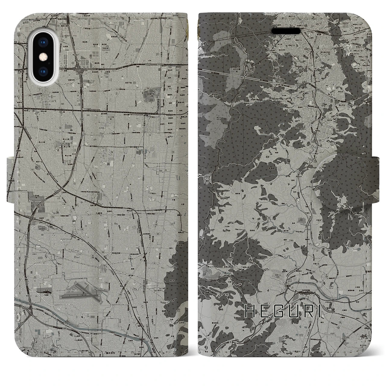 【平群(奈良県)】地図柄iPhoneケース(手帳タイプ)モノトーン・iPhone XS Max 用