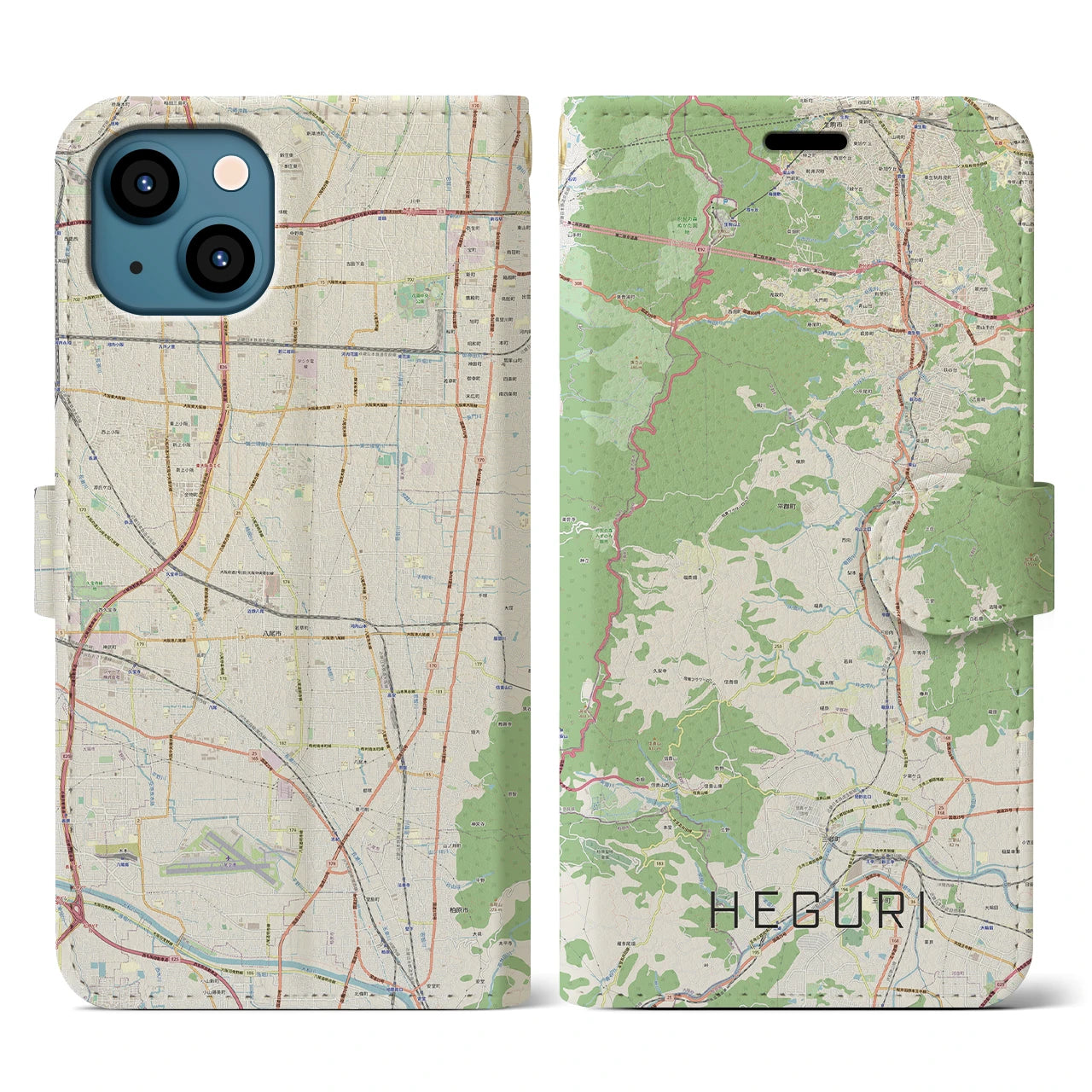 【平群(奈良県)】地図柄iPhoneケース(手帳タイプ)ナチュラル・iPhone 13 用