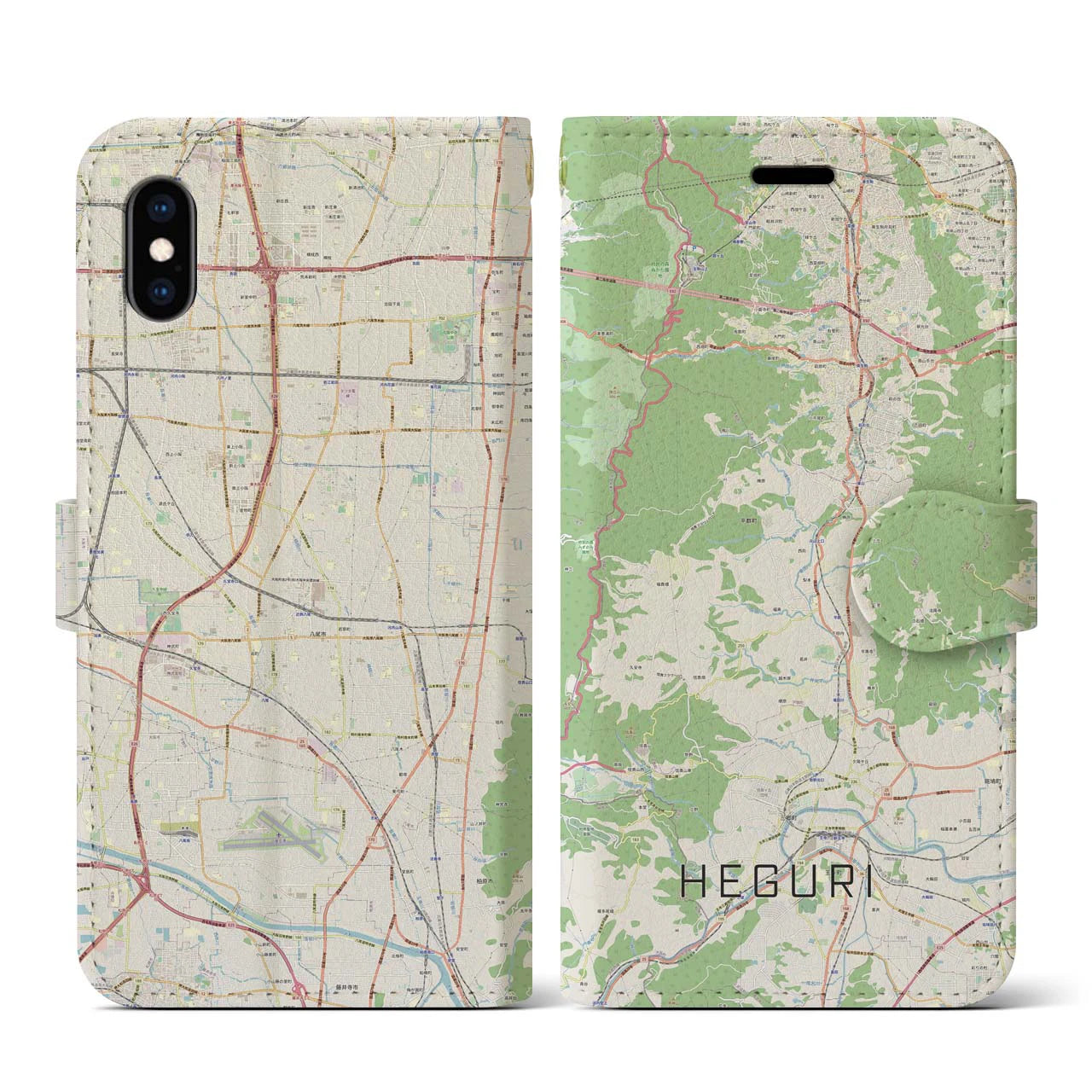 【平群(奈良県)】地図柄iPhoneケース(手帳タイプ)ナチュラル・iPhone XS / X 用