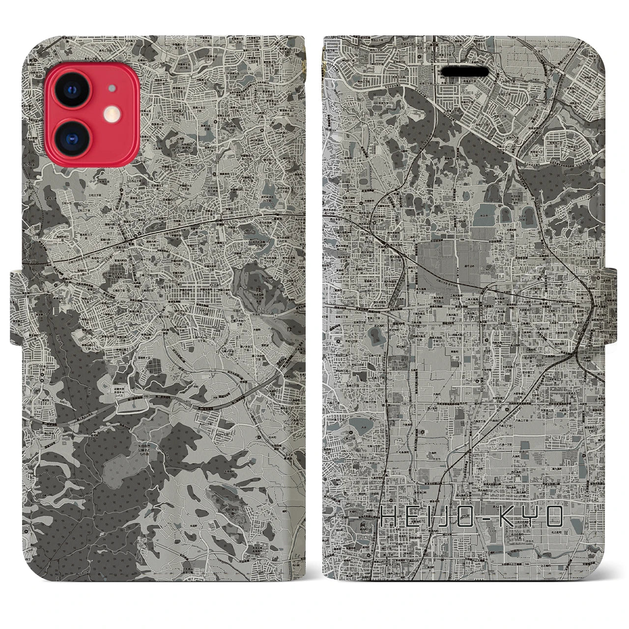 【平城京(奈良県)】地図柄iPhoneケース(手帳タイプ)モノトーン・iPhone 11 用