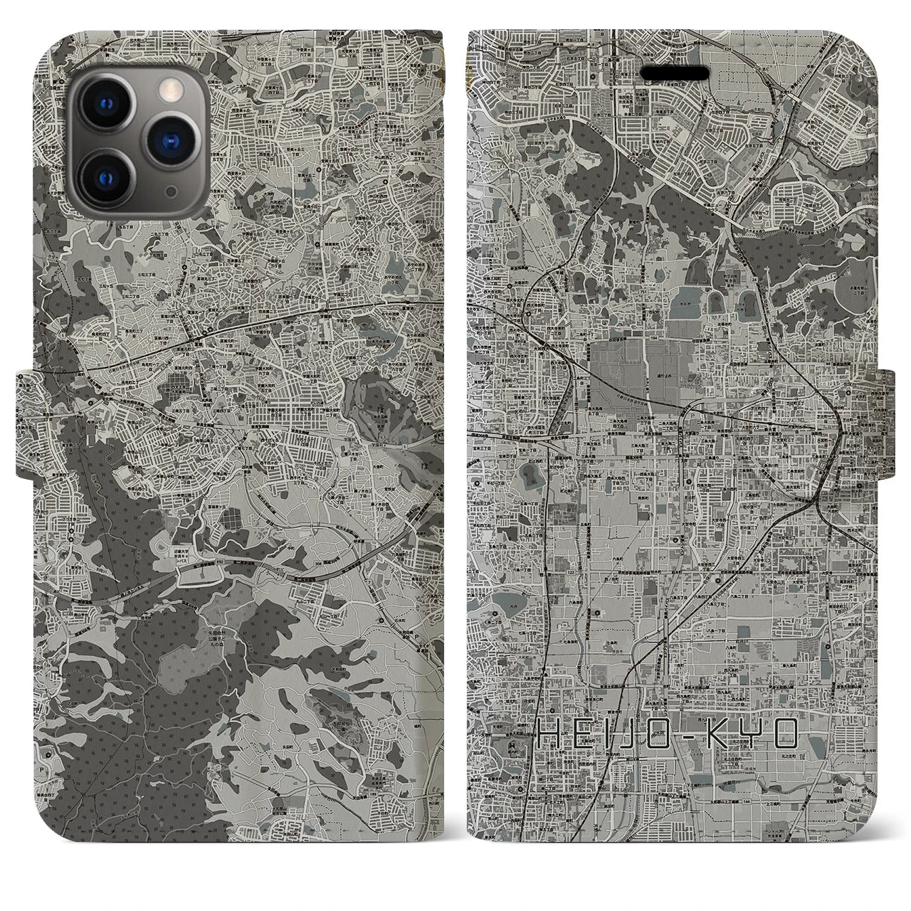 【平城京(奈良県)】地図柄iPhoneケース(手帳タイプ)モノトーン・iPhone 11 Pro Max 用