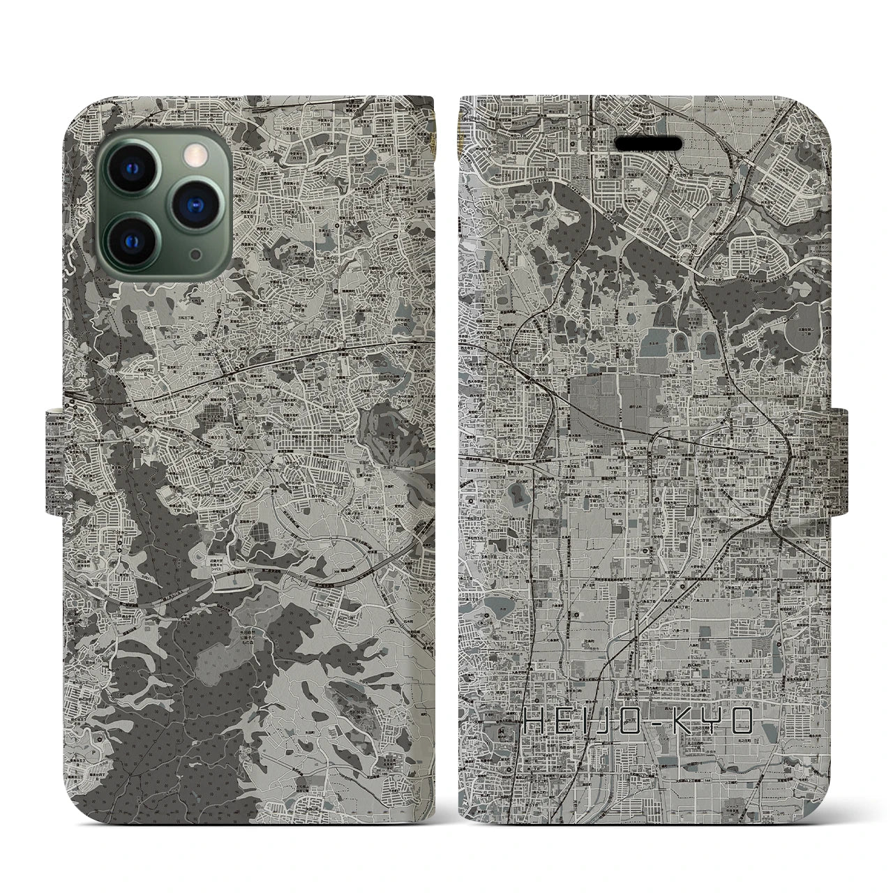 【平城京(奈良県)】地図柄iPhoneケース(手帳タイプ)モノトーン・iPhone 11 Pro 用