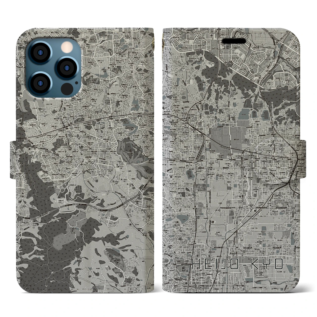 【平城京(奈良県)】地図柄iPhoneケース(手帳タイプ)モノトーン・iPhone 12 / 12 Pro 用