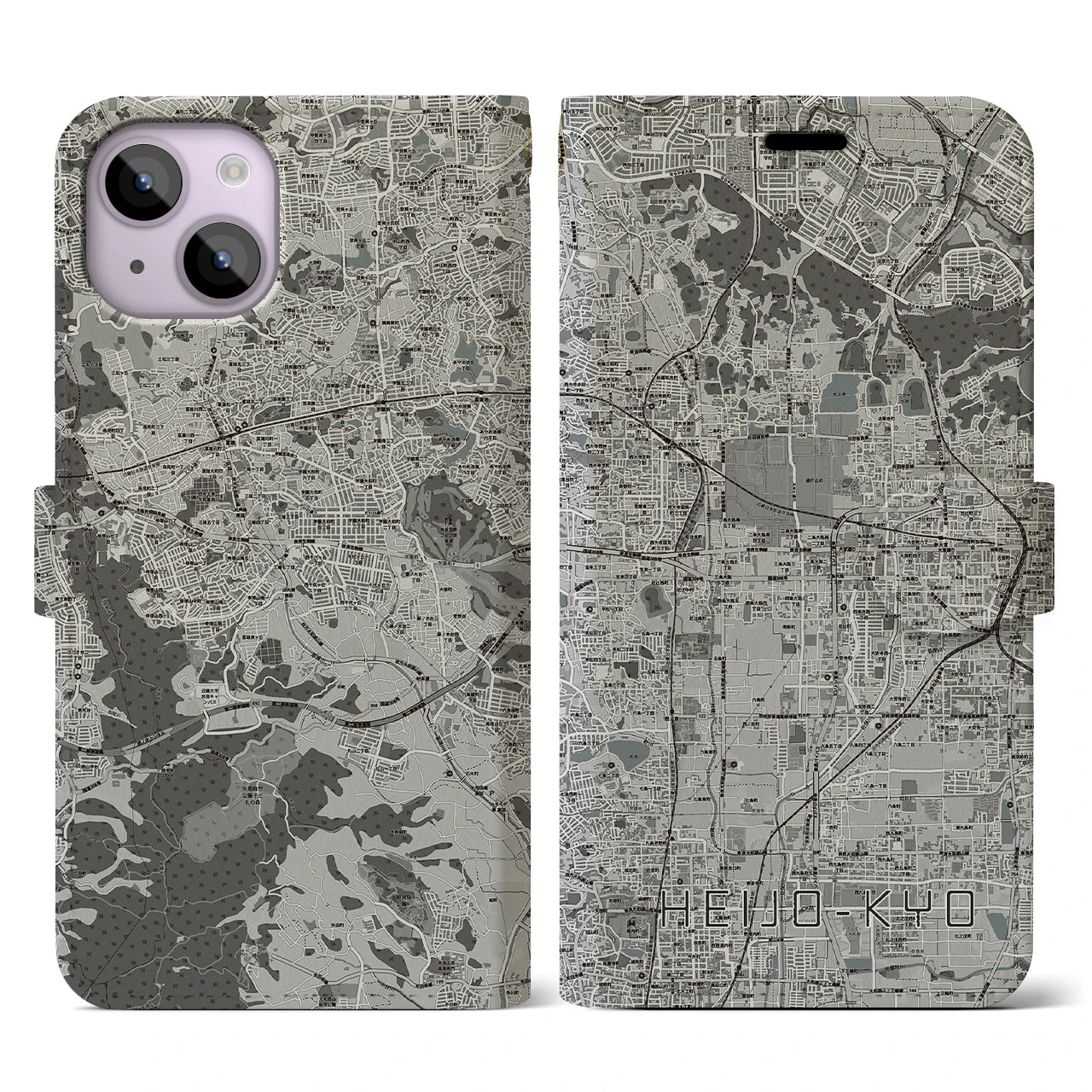 【平城京(奈良県)】地図柄iPhoneケース(手帳タイプ)モノトーン・iPhone 14 用