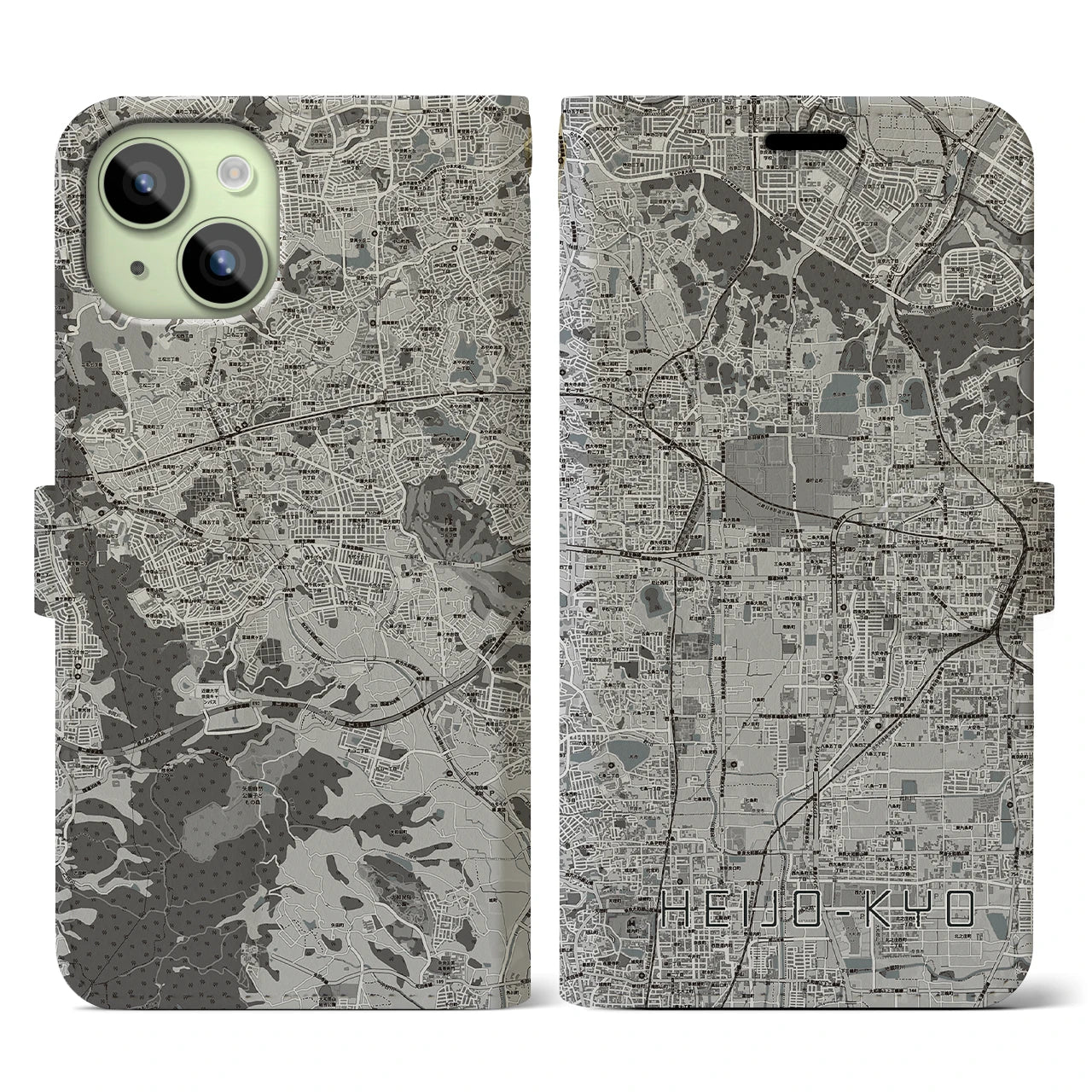 【平城京(奈良県)】地図柄iPhoneケース(手帳タイプ)モノトーン・iPhone 15 用