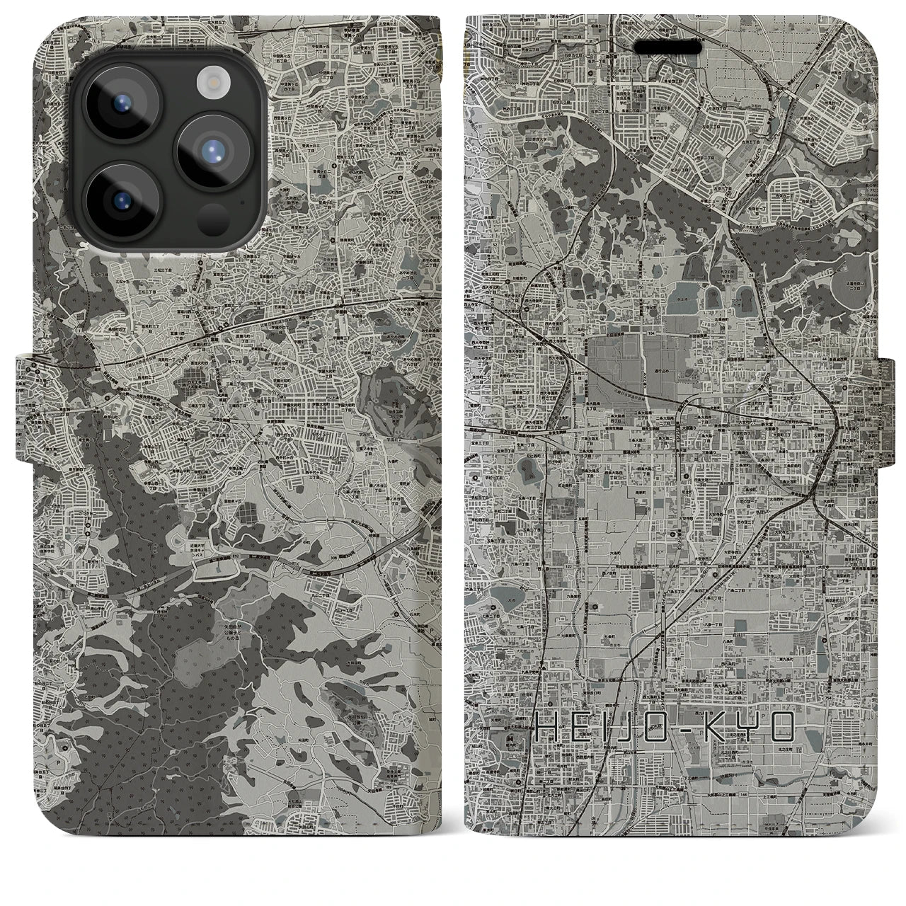 【平城京(奈良県)】地図柄iPhoneケース(手帳タイプ)モノトーン・iPhone 15 Pro Max 用