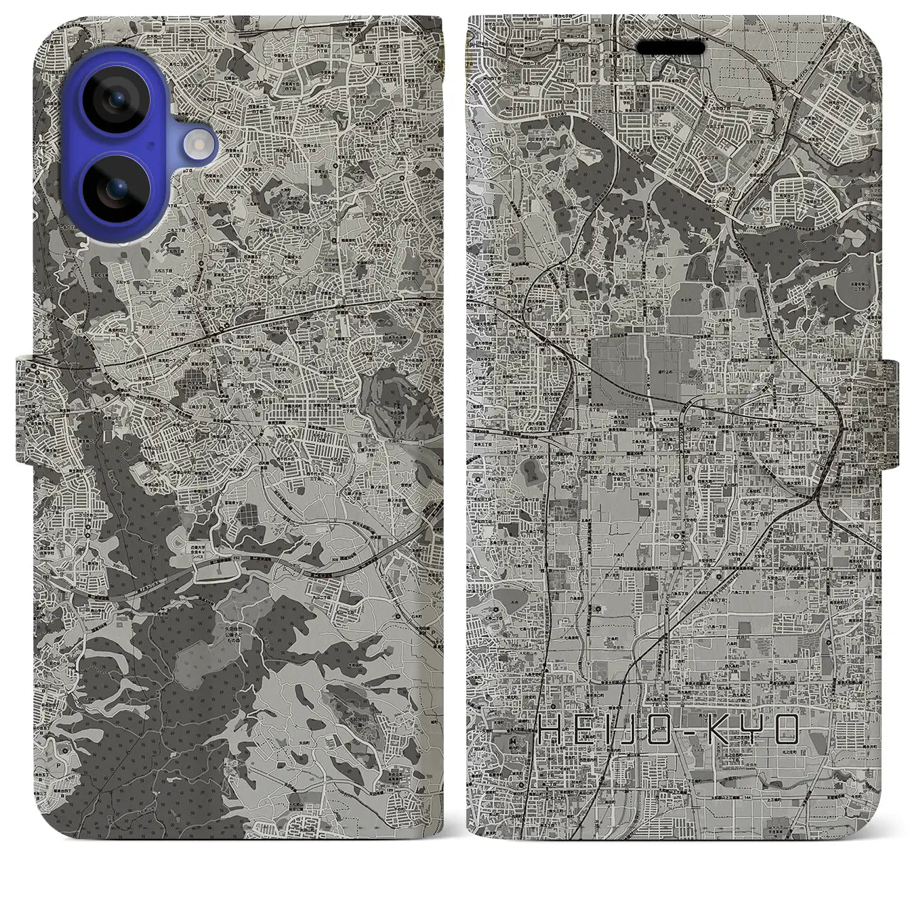 【平城京(奈良県)】地図柄iPhoneケース(手帳タイプ)モノトーン・iPhone 16 Pro Max 用