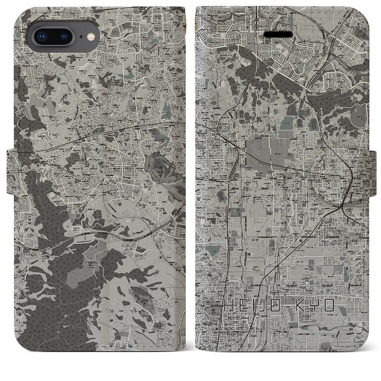 【平城京(奈良県)】地図柄iPhoneケース(手帳タイプ)モノトーン・iPhone 8Plus /7Plus / 6sPlus / 6Plus 用