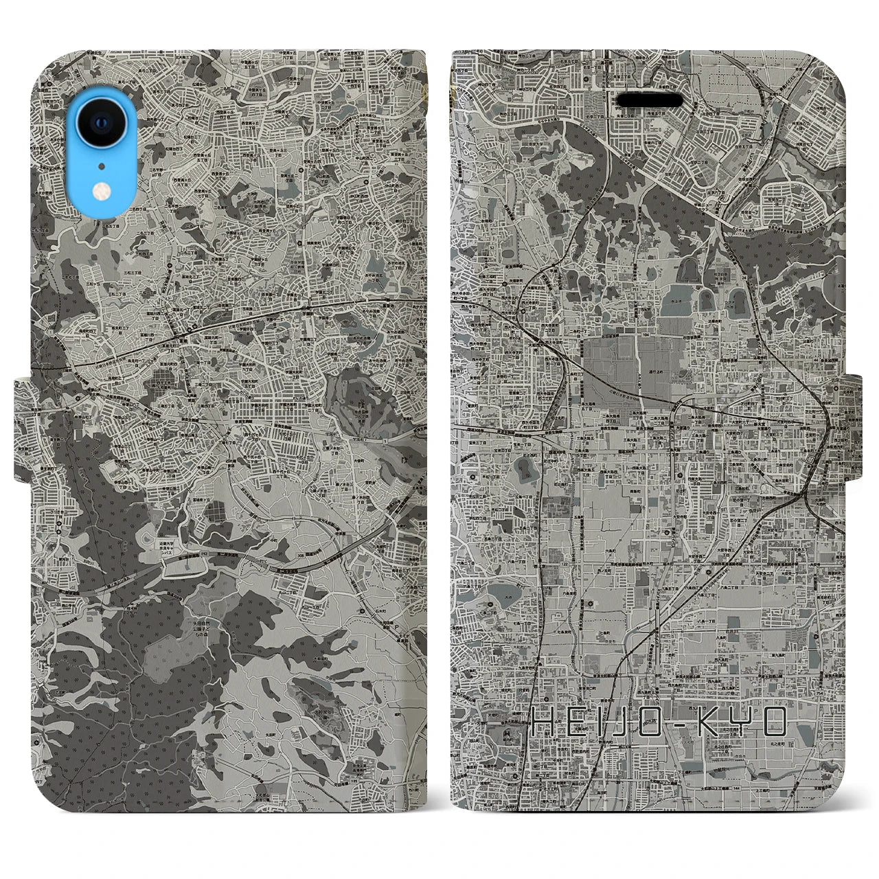 【平城京(奈良県)】地図柄iPhoneケース(手帳タイプ)モノトーン・iPhone XR 用