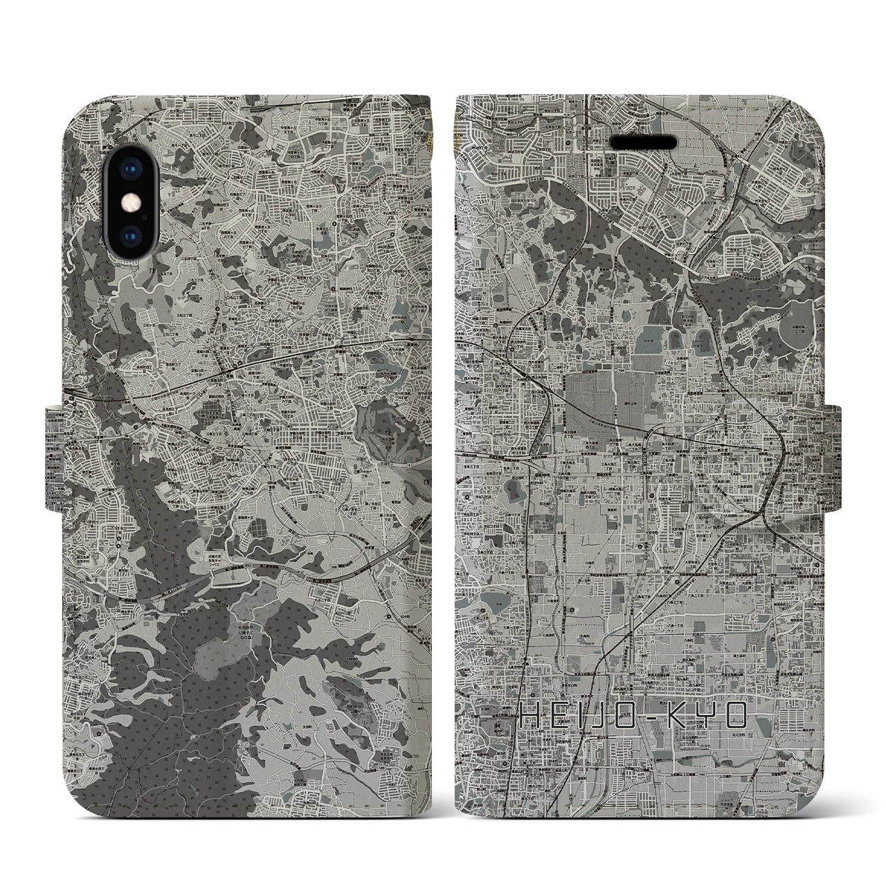 【平城京(奈良県)】地図柄iPhoneケース(手帳タイプ)モノトーン・iPhone XS / X 用