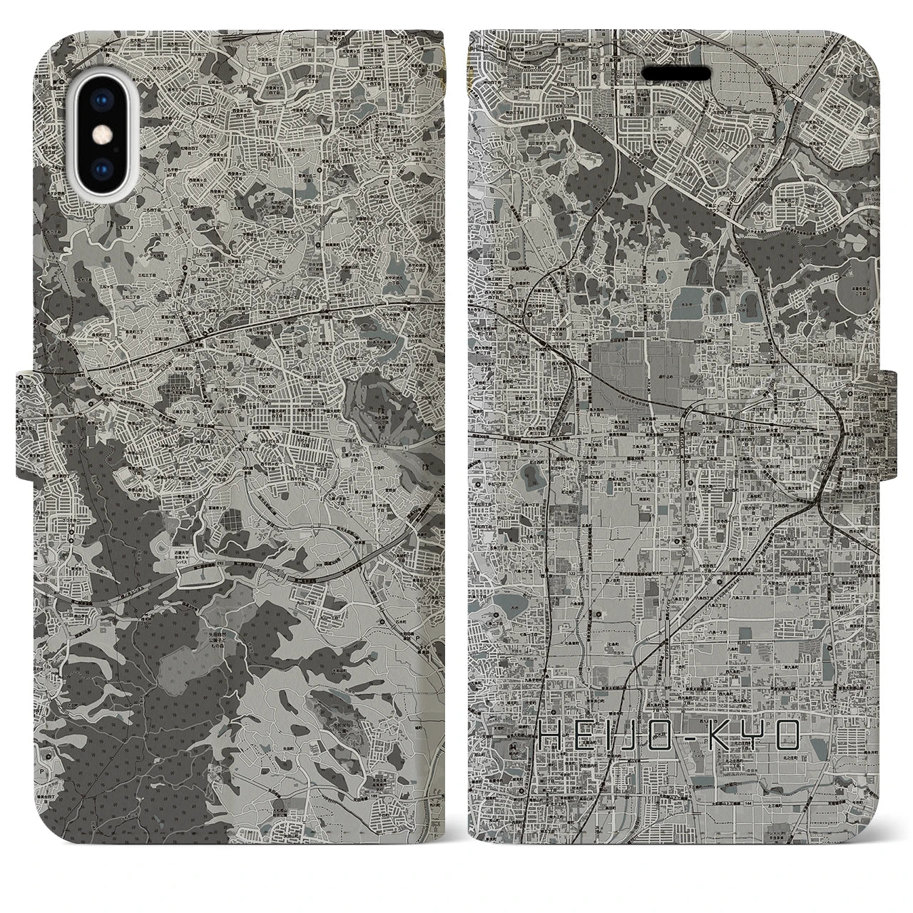 【平城京(奈良県)】地図柄iPhoneケース(手帳タイプ)モノトーン・iPhone XS Max 用