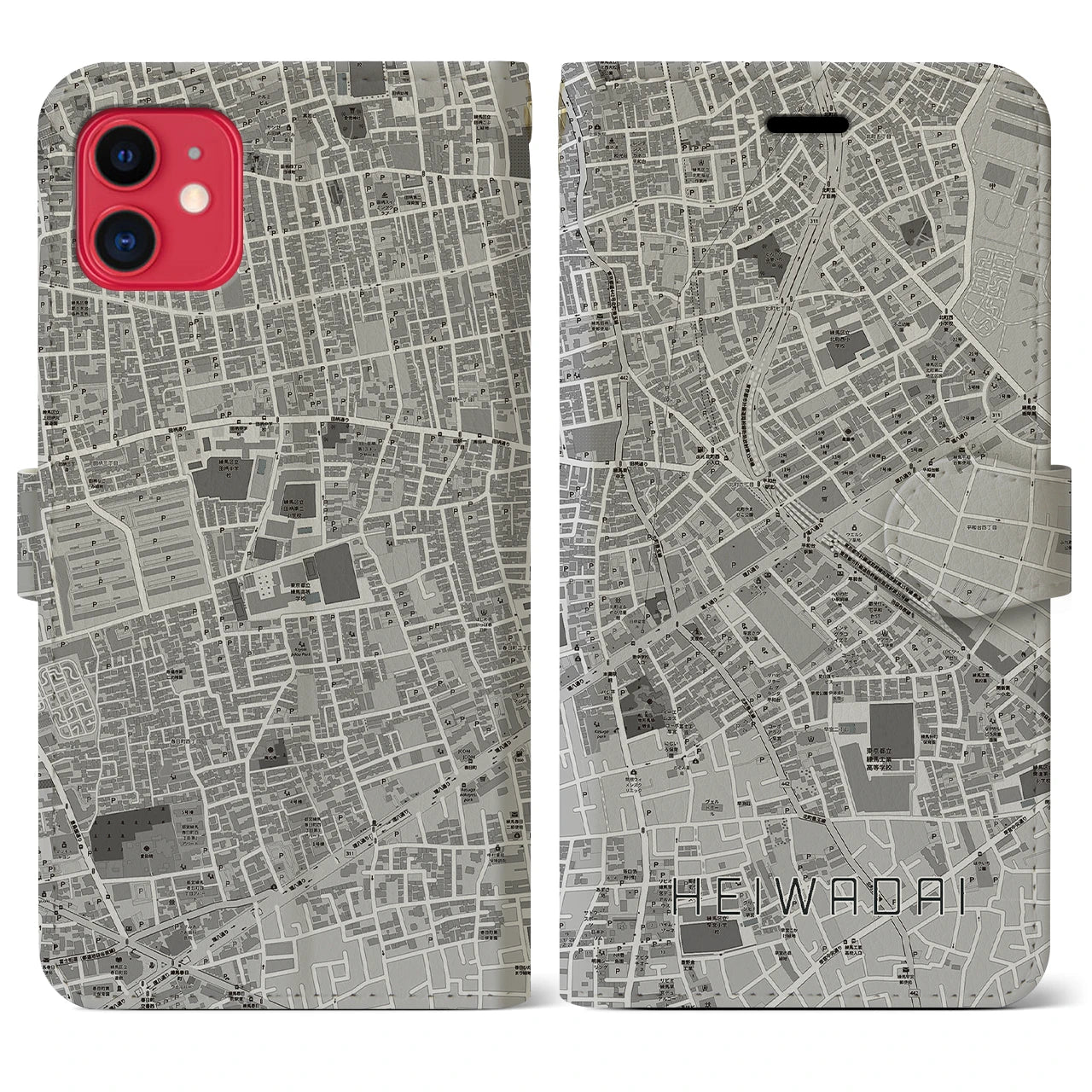 【平和台(東京都)】地図柄iPhoneケース(手帳タイプ)モノトーン・iPhone 11 用