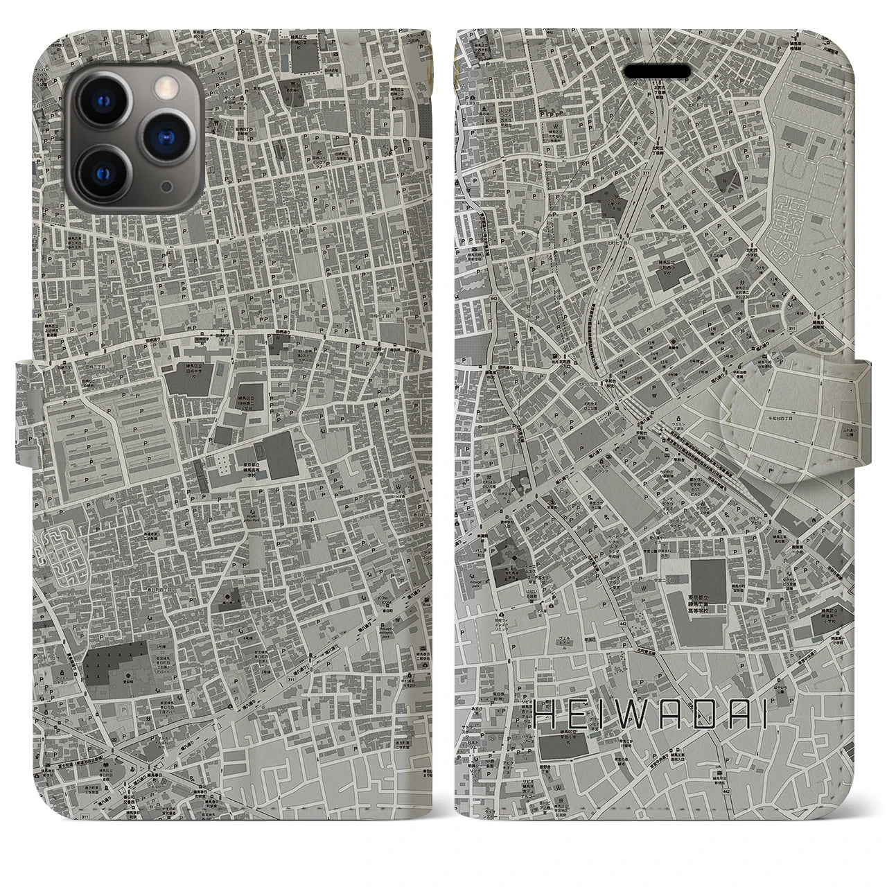 【平和台(東京都)】地図柄iPhoneケース(手帳タイプ)モノトーン・iPhone 11 Pro Max 用