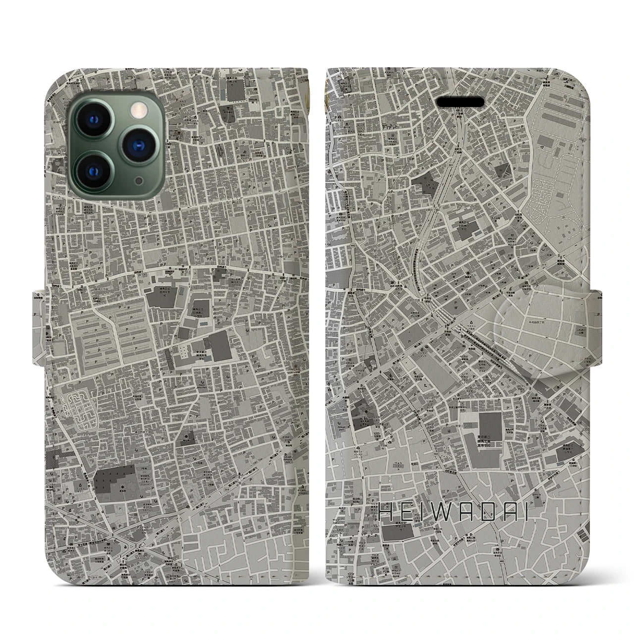 【平和台(東京都)】地図柄iPhoneケース(手帳タイプ)モノトーン・iPhone 11 Pro 用