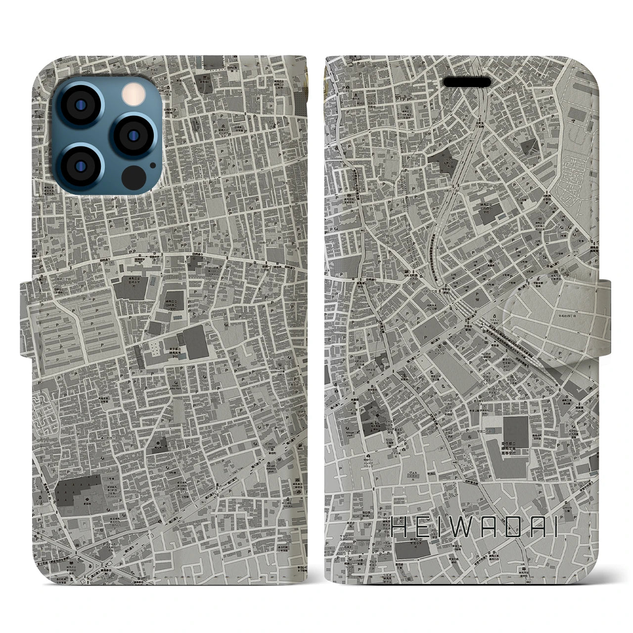 【平和台(東京都)】地図柄iPhoneケース(手帳タイプ)モノトーン・iPhone 12 / 12 Pro 用