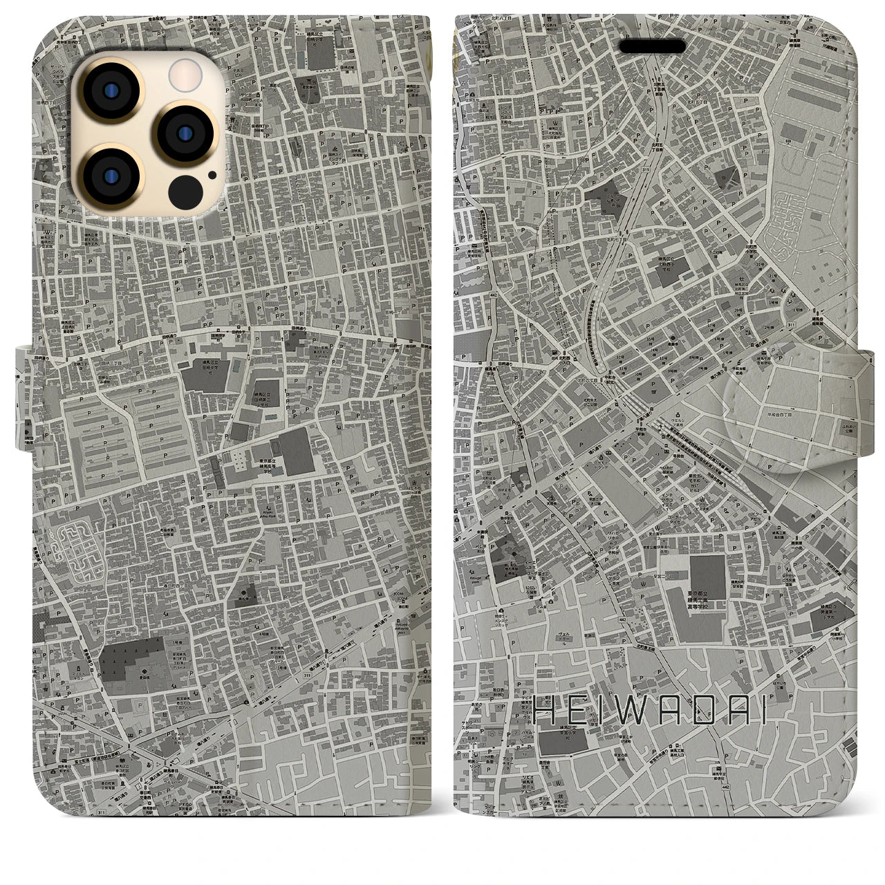 【平和台(東京都)】地図柄iPhoneケース(手帳タイプ)モノトーン・iPhone 12 Pro Max 用