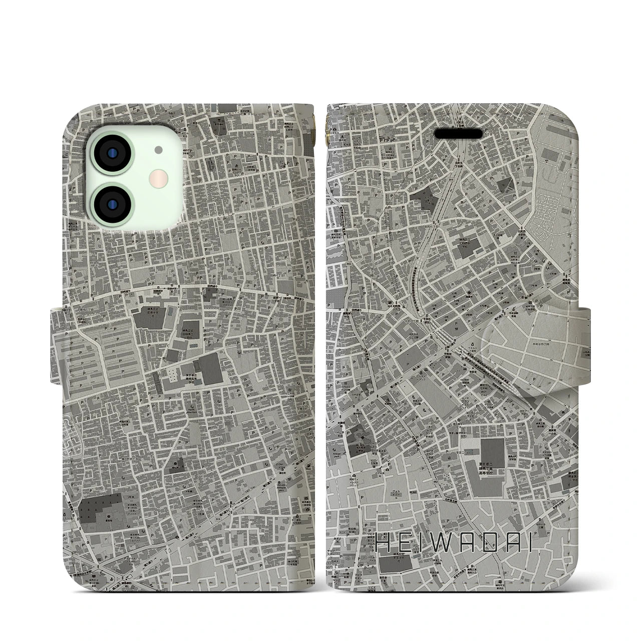 【平和台(東京都)】地図柄iPhoneケース(手帳タイプ)モノトーン・iPhone 12 mini 用